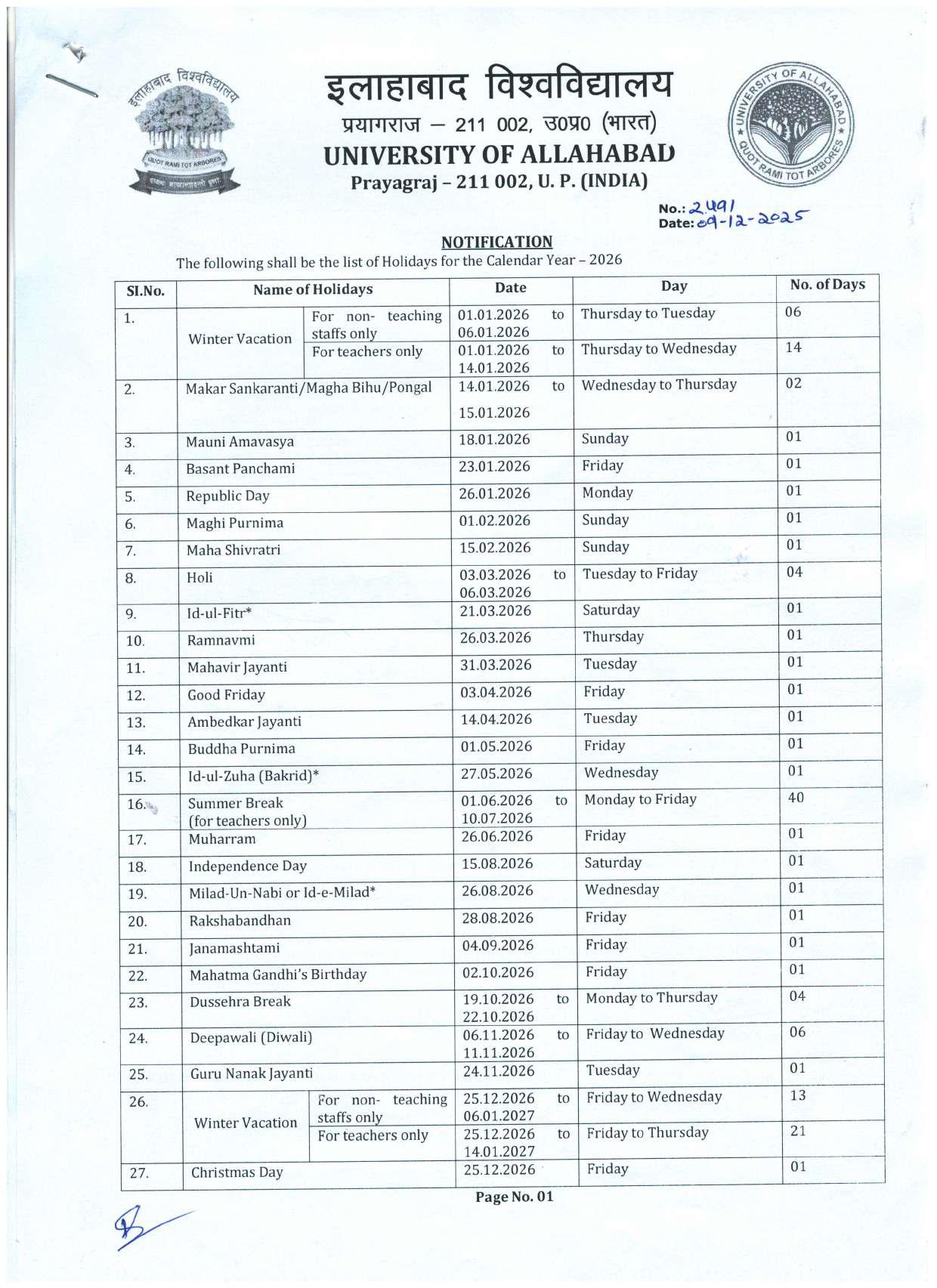 JTGDC - List of Holidays - 2025-26