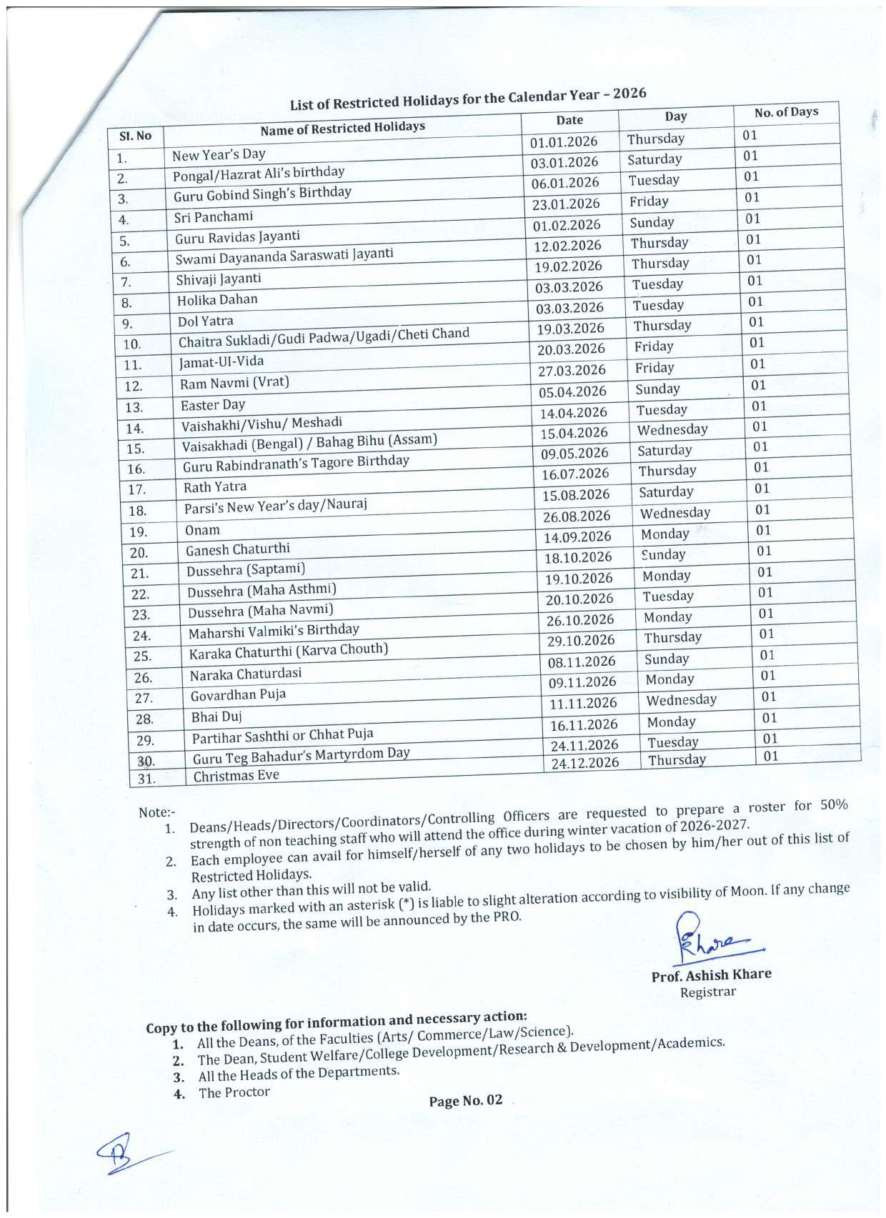 JTGDC - List of Holidays